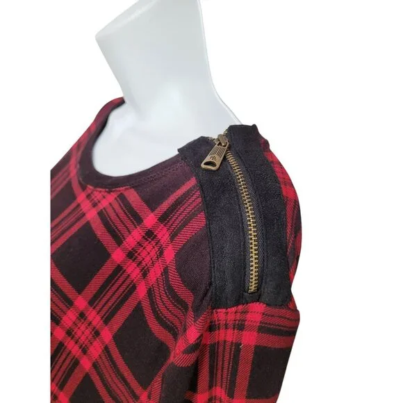 Ralph Lauren Jeans Co Top Shirt Womens 1X Red Black Plaid Elbow Patches Zipper - Picture 4 of 11